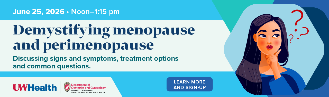 Banner advertising "Demystifying menopause and perimenopause" community talk coming up June 25, 2026